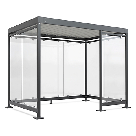 Grey shelter with glass walls, on a white background. Corrugated iron roof.