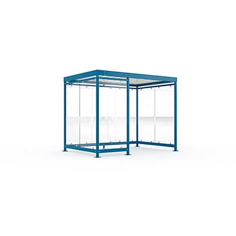 Blue metal and glass bus shelter, isolated on a white background.