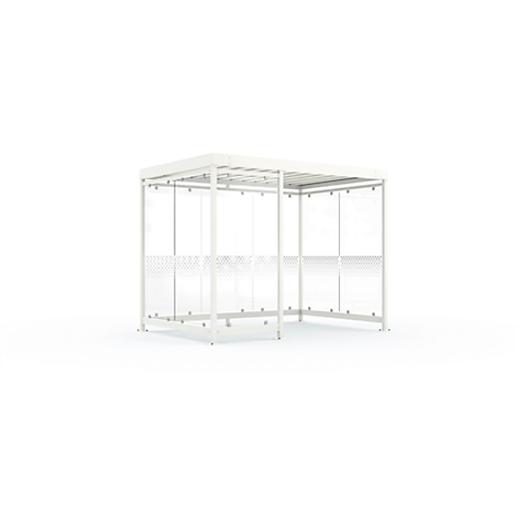 White, modern garden pavilion with glass walls and roof.