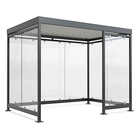 Grey bus shelter with glass walls and roof.