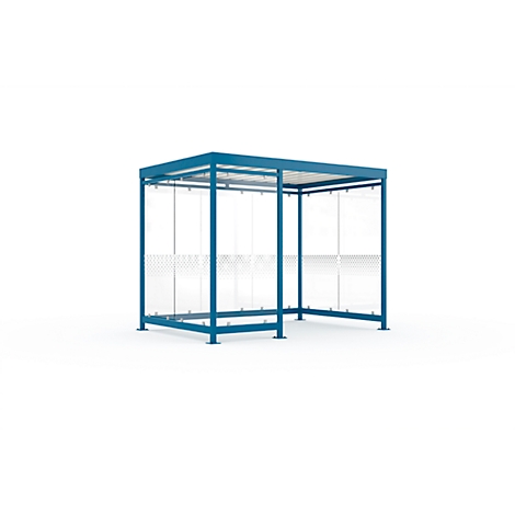 Blue metal waiting shelter with transparent walls and roof. On a white background.
