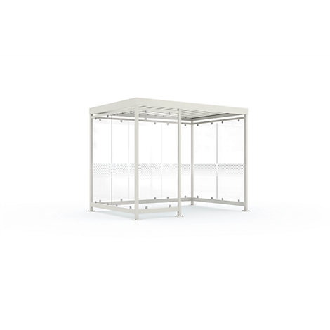 A beige structure with a roof and transparent curtains, set against a white background.