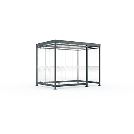 Grey metal and glass waiting shelter. The roof and supports are grey. The side walls are made of glass with a decorative pattern.