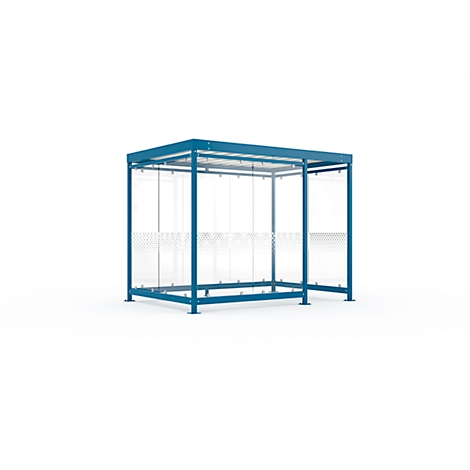 Blue waiting shelter with glass walls against a white background. The waiting shelter has a rectangular design.