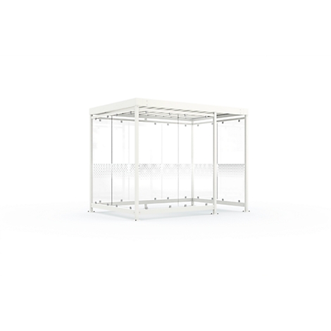 White waiting shelter with glass walls and dotted design. The waiting shelter stands on a white background.