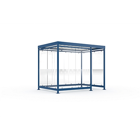Blue bus shelter with glass walls against a white background.