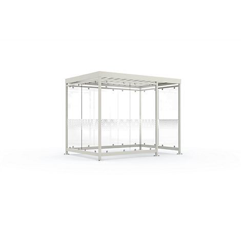 Bright, square pavilion with glass walls and a white roof, standing in a neutral studio style against a white background.