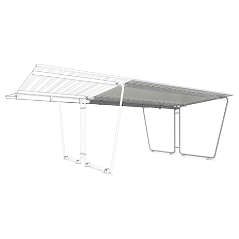 A free-standing, gray carport frame made of steel with a corrugated iron roof. The structure is light gray and detailed.