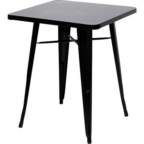 Zwarte, vierkante tafel. Het heeft vier slanke poten die naar beneden taps toelopen.