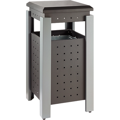 Dark brown waste bin with square holes and silver legs.