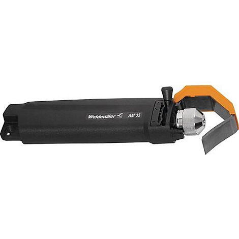 Un outil noir avec des accents orange et argent, nom de la marque, AM 35. Poignée, tête de coupe et pinces.