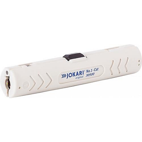 Pince à dénuder blanche avec interrupteur noir et symboles de flèches. Inscription: "JOKARI No.1-Cat".