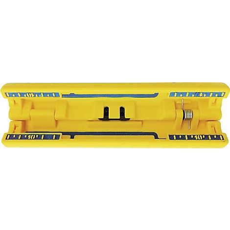 Outil jaune avec des marquages bleus. Un ressort est visible au milieu.