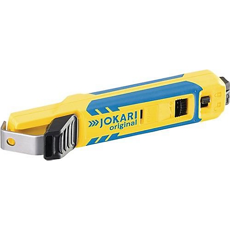 Outil de dénudage jaune et bleu avec l'inscription "JOKARI original".