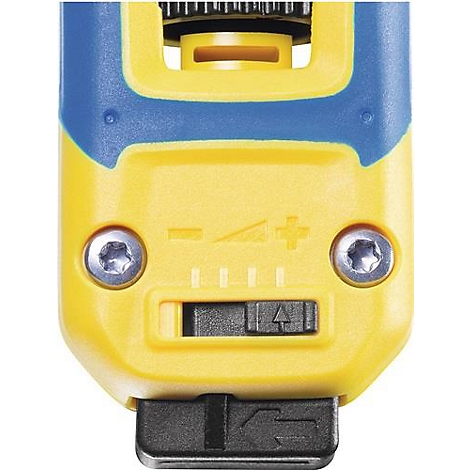 Appareil jaune avec des accents bleus. Panneau de commande avec symboles plus, moins et un interrupteur.