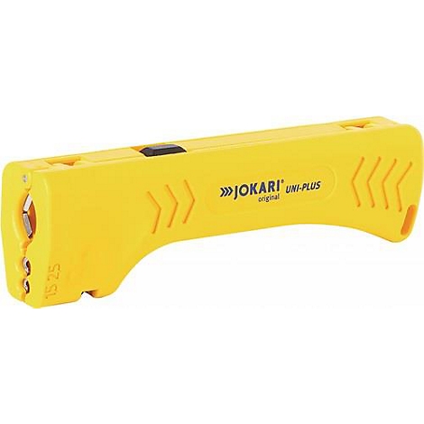 Dénudeur de fil jaune avec inscription »JOKARI UNI-PLUS«. Bouton noir sur le dessus. La partie avant est ouverte.