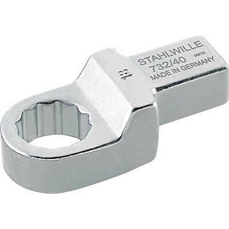 Une tête d'outil métallique Stahlwille, rectangulaire, avec un profil à 12 côtés. Inscription : STAHLWILLE 732/40 Made in Germany.
