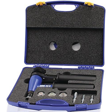 Mallette à outils bleue avec un outil bleu, des boucles jaunes et de la mousse noire. Inscription : GBM 40-R.