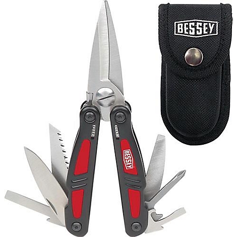 Un multi-outil BESSEY avec divers accessoires. Il se trouve à côté d'un étui en tissu noir avec un logo.
