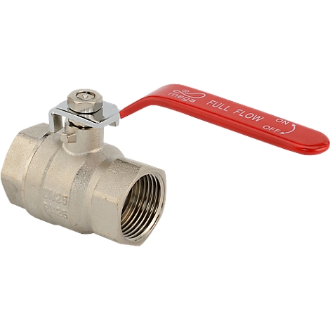 Metal ball valve with red handle, marked "FULL FLOW".