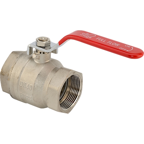 Metal ball valve with red lever, labelled 'FULL FLOW'.