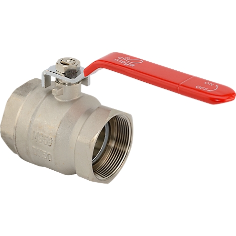 Metal ball valve with red lever, marked "ON/OFF".
