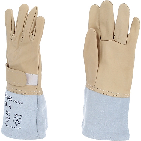 Twee beschermende handschoenen van beige leer met lichtblauwe manchet afwerking. Op de manchet zijn symbolen en letters te zien.