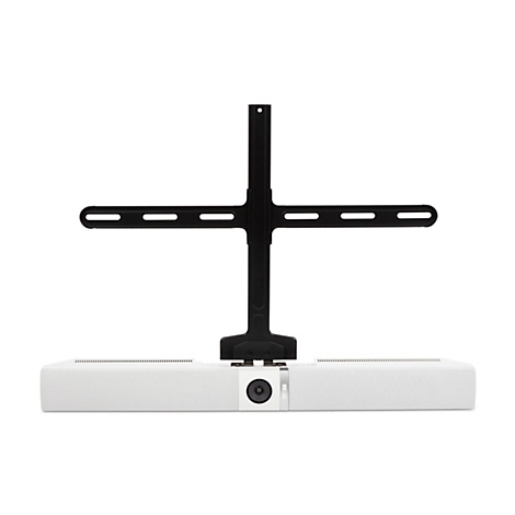 Ein weißes Videokonferenzsystem mit schwarzer Halterung. Die Halterung hat eine T-Form und wird mit Schrauben am Gerät befestigt.