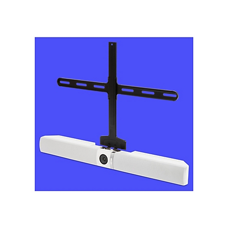 Un appareil blanc et rectangulaire avec une caméra et un système de montage noir sur fond bleu.