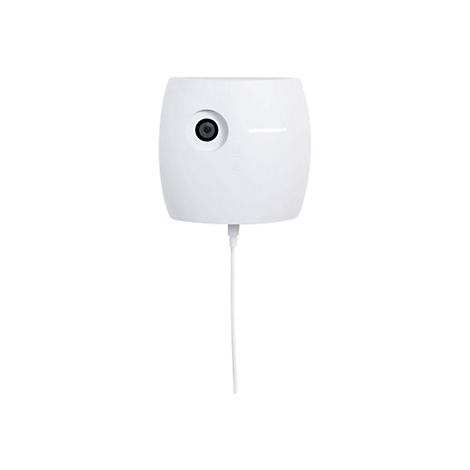 Appareil ovale blanc avec caméra et câble.