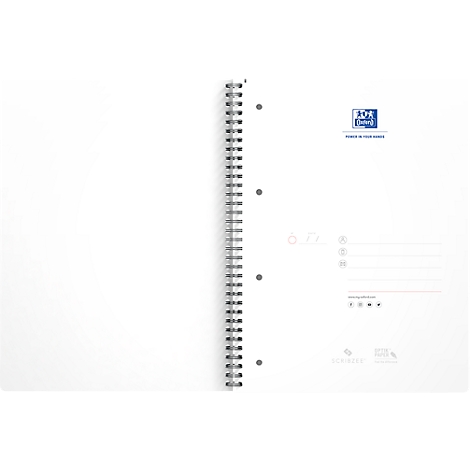Een open wit spiraalgebonden notitieboek met OXFORD-logo, geperforeerde pagina. Het logo in blauw staat rechtsboven.