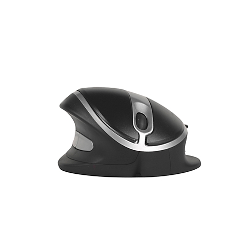 Vertical ergonomic mouse. Black with silver accents, side thumb rest.