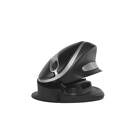 Black ergonomic mouse with silver accents, slightly angled on a base.