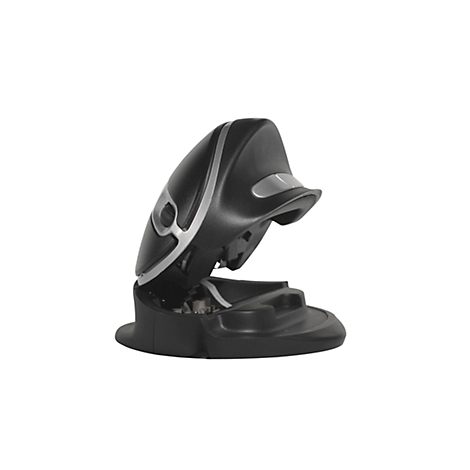 Ergonomic mouse in black with silver accents. It's open to allow a view inside.