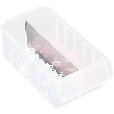 Transparent plastic box with dividers and small parts. The box is photographed slightly at an angle from above.