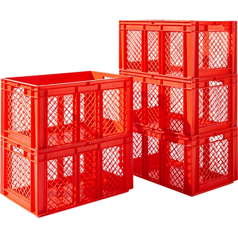 Pack ahorro de 5 cajas norma europea serie EF 6321, PP, capacidad 63,7 l, hasta 20 kg, paredes caladas, asidero, rojo 