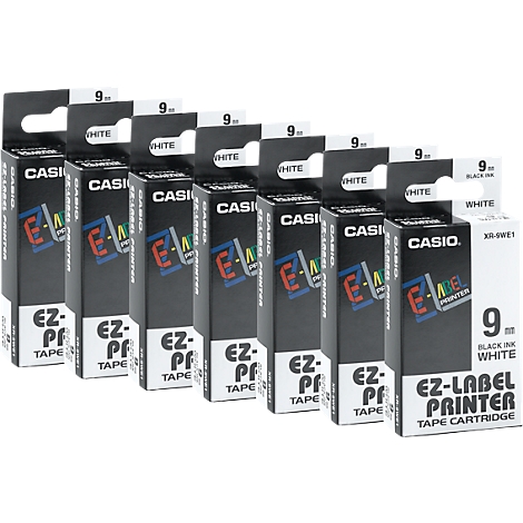 Plusieurs cartouches d'étiquettes noires Casio. Impression : EZ-Label Printer, 9mm, noir/blanc.