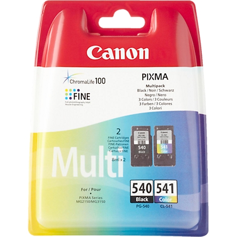 Multipack de cartouches d'encre Canon. Cartouches noires et couleur dans un emballage rouge et blanc.
