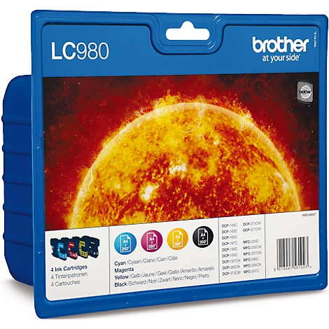 Emballage bleu de cartouches d'encre Brother avec le texte "LC980". Une illustration du soleil est visible en arrière-plan.