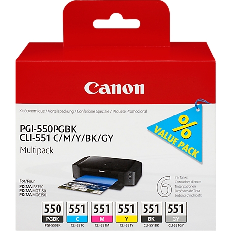 Emballage d'un multipack de cartouches d'imprimante Canon avec texte et logo. Une imprimante est montrée.