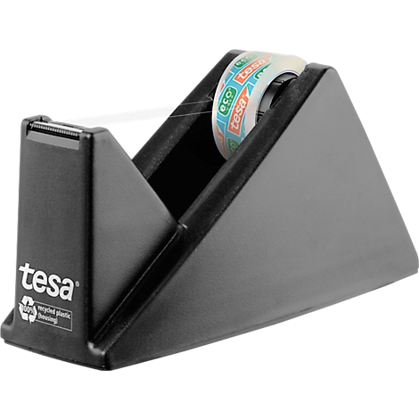 Distributeur de ruban adhésif Tesa noir avec un rouleau de ruban adhésif. Le logo Tesa et le symbole de recyclage sont clairement visibles.