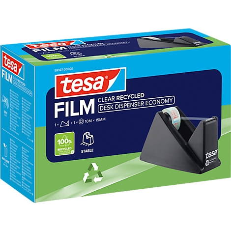 Emballage de film Tesa avec distributeur de ruban adhésif. Inscription : "tesa FILM CLEAR RECYCLED DESK DISPENSER ECONOMY".