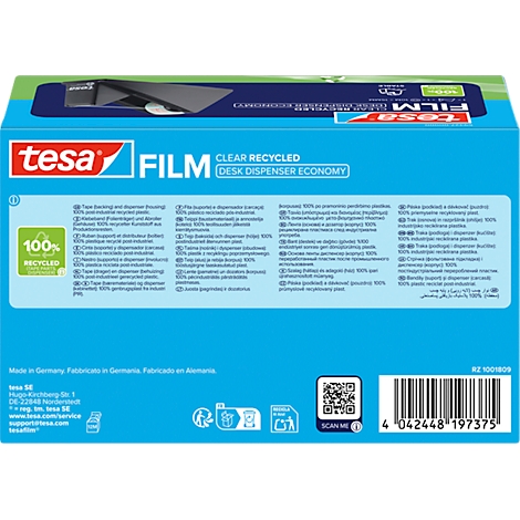 Boîte bleue avec logo "tesa FILM" et description du produit. Symbole "100% RECYCLED" et code-barres.