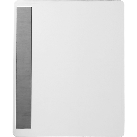 Tableau blanc rectangulaire avec un rail métallique gris vertical sur le côté gauche.