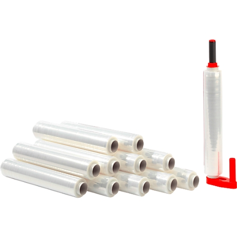 A collection of rolls of plastic wrap and a dispenser, against a white background.