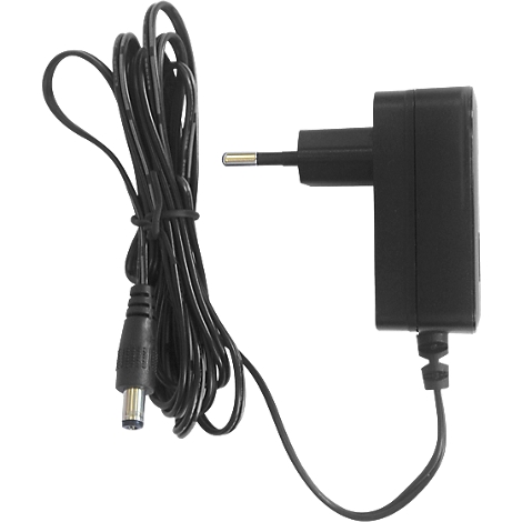 A black power adapter with Euro plug and cable. The cable is coiled.