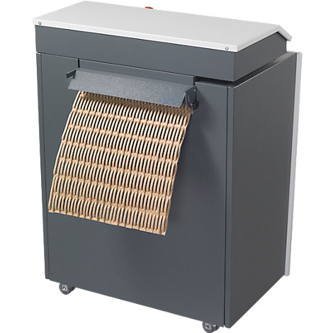 Gray paper shredder with corrugated paper protruding.