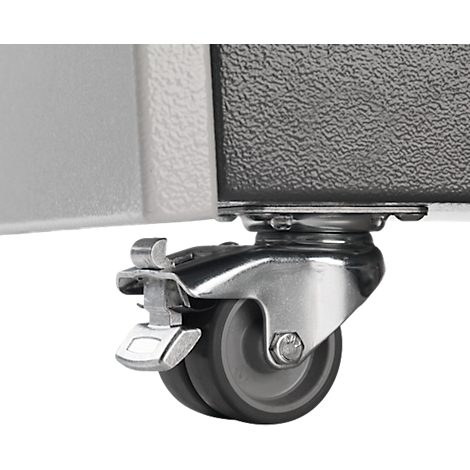 Close-up of a caster on a piece of furniture. The caster has a gray wheel, a silver frame, and a locking mechanism.