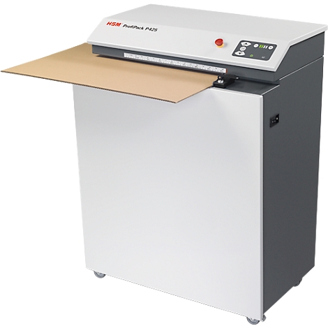 Cardboard shredder with open support surface holding a cardboard sheet. The machine says "HSM ProfiPack P425".