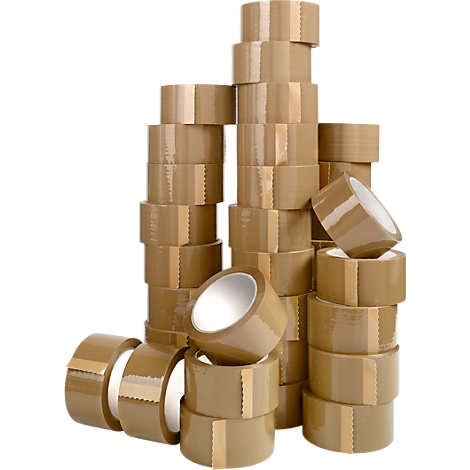 Multiple stacks of brown packing tape, arranged at different heights, against a white background.